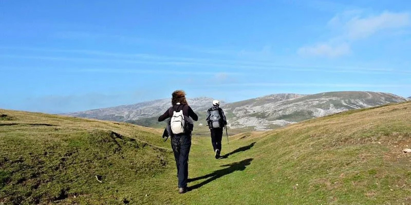 Una pareja anda por un monte en Navarra, sobre una pradera verde en un dia muy soleado