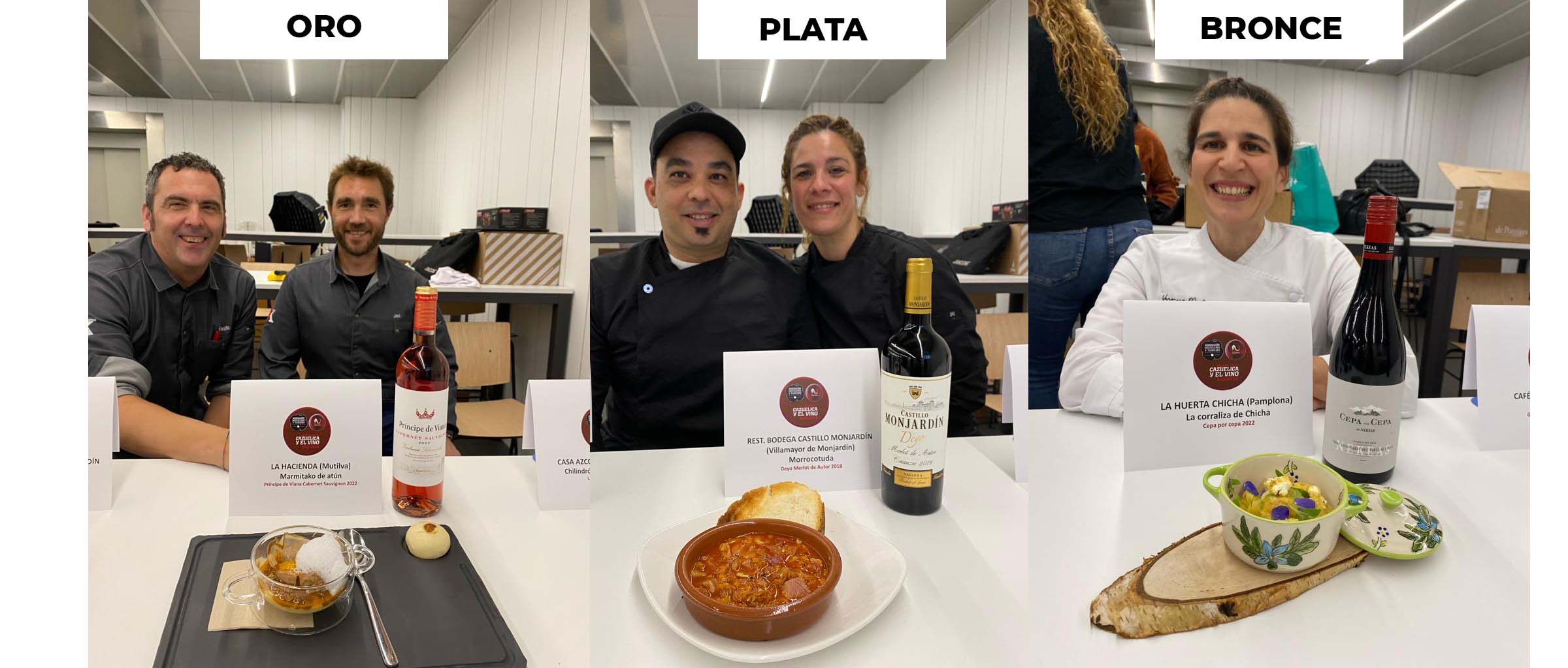 Posan ante sus cazuelicas y vino D.O. Navarra los tres galardones con el oro, plata y bronce de la Semana de la Cazuelica y el vino D.O. Navarra: La Hacienda de Mutilva - Oro, Restaurante Bodega Castillo de Monjardín de Villamayor de Monjardín - Plata y La Huerta de Chicha de Pamplona - Bronce