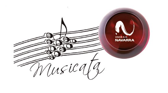 Composicion de un pentagrama con notas musicales y el nombre de Musicata junto a una copa de vino con el logo de la D.O. Navarra